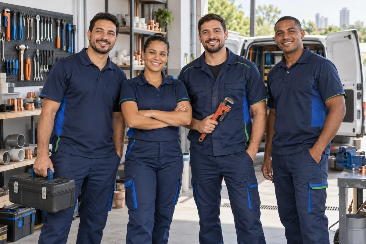 Equipe de encanadores pronta para atender